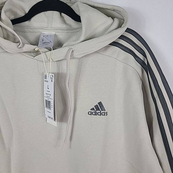 NEW Adidas Men's 3-Stripes Hoodie Hooded Sweatshirt Pullover In Ivory/Grey Sz L - Picture 2 of 5